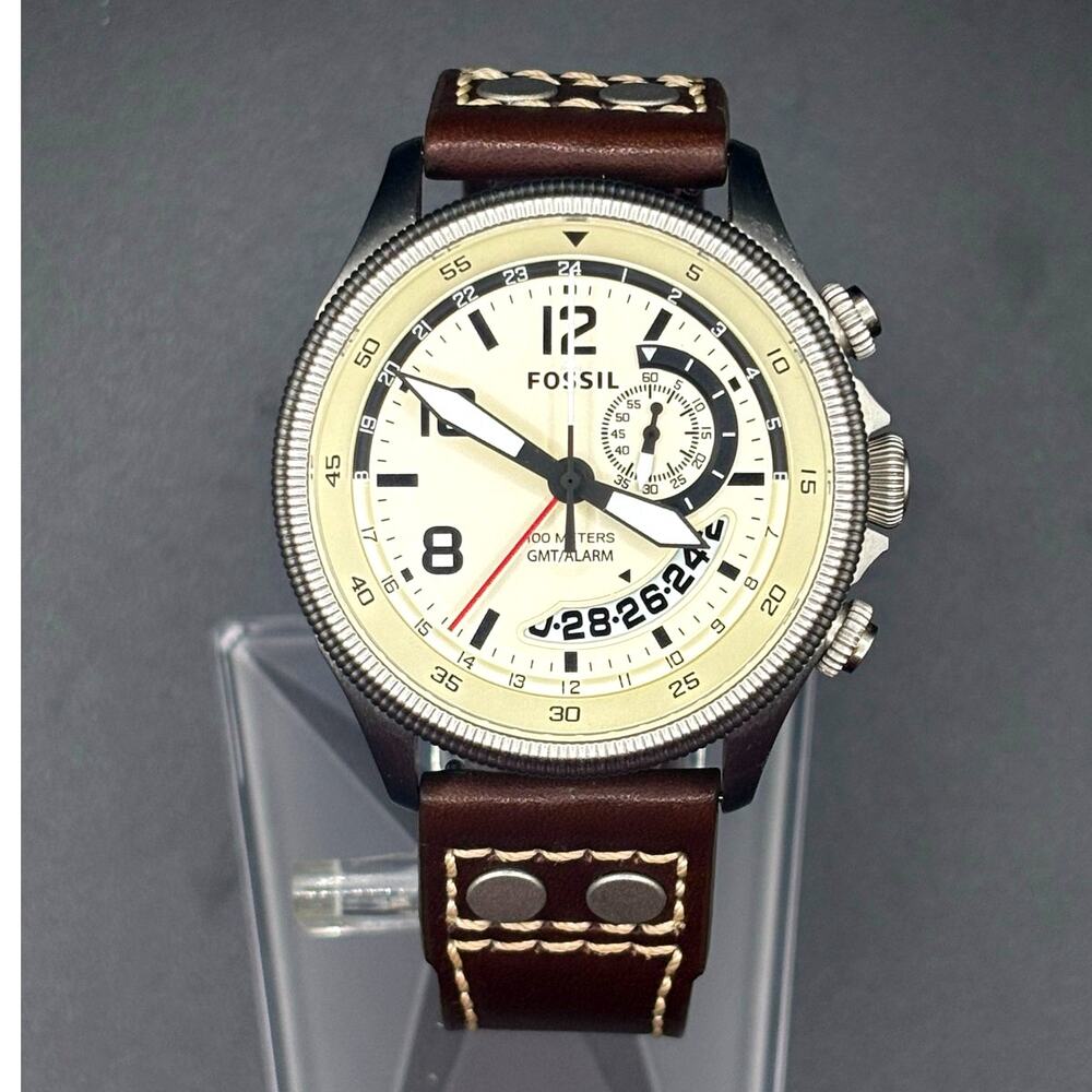 Fossil FS5043 Recruiter GMT Alarm Cream Dial Leather Strap Men’s 44mm Watch